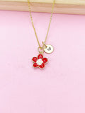 Gold Red Sakura Cherry Blossom Flower Charm Necklace, N5682