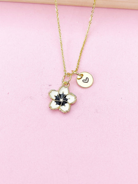 Gold White Black Sakura Cherry Blossom Flower Charm Necklace, N5683