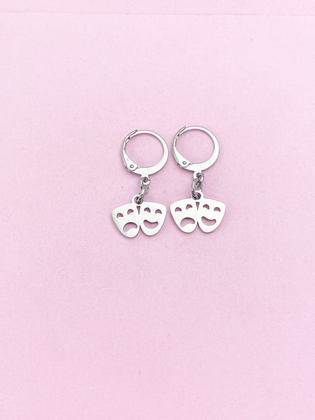 Silver Comedy Tragedy Drama Mask Charm Earrings, Mardi Gras Charms, AN124