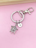 Turtle Keychain, Personalized Initial Charm, Silver Tone