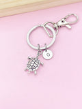 Turtle Keychain, Personalized Initial Charm, Silver Tone