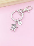 Turtle Keychain, Personalized Initial Charm, Silver Tone