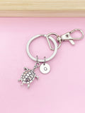 Turtle Keychain, Personalized Initial Charm, Silver Tone