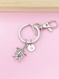 Turtle Keychain, Personalized Initial Charm, Silver Tone
