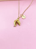 Gold Fortune Cookie Charm Necklace, Fortune Cookie Charm, Luck Fortune Gift, Personalized Customized Monogram, N468