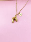 Gold Fortune Cookie Necklace, Personalized Initial Charm, Stainless Steel Chain