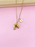 Gold Fortune Cookie Necklace, Personalized Initial Charm, Stainless Steel Chain