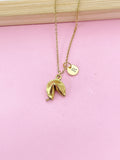 Gold Fortune Cookie Necklace, Personalized Initial Charm, Stainless Steel Chain