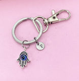 Hamsa Hand Evil Eye Keychain, Initial Charm, Stainless Steel Keyring