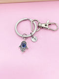 Hamsa Hand Evil Eye Keychain, Initial Charm, Stainless Steel Keyring