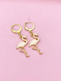Gold Flamingo Dangle Earrings, Pink Enamel Bird Jewelry