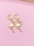 Gold Flamingo Dangle Earrings, Pink Enamel Bird Jewelry