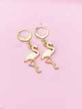 Gold Flamingo Dangle Earrings, Pink Enamel Bird Jewelry