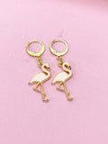 Gold Flamingo Dangle Earrings, Pink Enamel Bird Jewelry