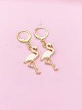 Gold Flamingo Dangle Earrings, Pink Enamel Bird Jewelry