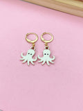 Gold Octopus Dangle Earrings, Sea Blue Enamel Jewelry