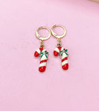 Gold Candy Cane Christmas Earrings, Holiday Sweet Jewelry
