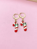 Gold Candy Cane Charm Earrings, Green Red Christmas Candy Cane Earrings, Sweet Jewelry Gift, N3168H