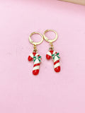 Gold Candy Cane Christmas Earrings, Holiday Sweet Jewelry