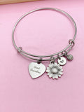 Great Grandma Bracelet, Sunflower Charm, Engraved Heart, Stainless Steel Bangle