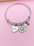 Great Grandma Bracelet, Sunflower Charm, Engraved Heart, Stainless Steel Bangle