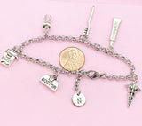Dentist Charm Bracelet, Initial, Tooth, Floss, Caduceus, N3387