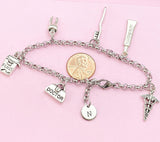 Dentist Charm Bracelet, Initial, Tooth, Floss, Caduceus, N3387