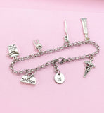 Dentist Charm Bracelet, Initial, Tooth, Floss, Caduceus, N3387