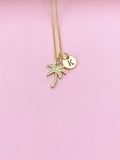 Gold Palm Tree Initial Necklace, Tropical Charm Necklace
