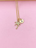 Gold Palm Tree Initial Necklace, Tropical Charm Necklace