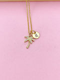 Gold Palm Tree Initial Necklace, Tropical Charm Necklace
