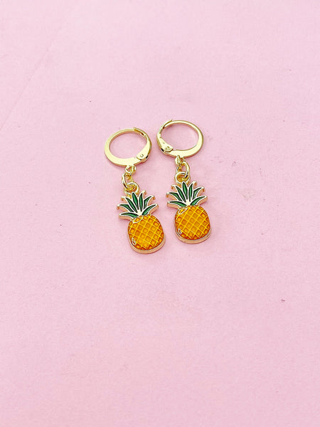 Gold Pineapple Charm Earrings, Green Orange Ananas Earrings, Pineapple Charm, Ananas Charm, Tropical Fruit Food Jewelry, N2685