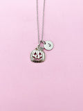 Silver Pumpkin Jack O Lantern Necklace, Initial Charm
