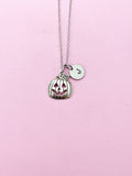Silver Pumpkin Jack O Lantern Necklace, Initial Charm