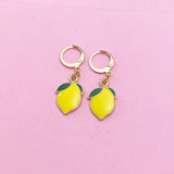 Gold Lemon Dangle Earrings: Yellow Green Enamel Fruit