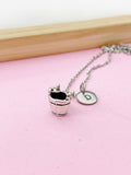 Silver Bucket Charm Necklace, Personalized Initial, Stainless Steel Chain
