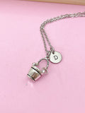 Silver Bucket Charm Necklace, Personalized Initial, Stainless Steel Chain