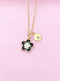 Gold Black Sakura Cherry Blossom Flower Charm Necklace, N5683A