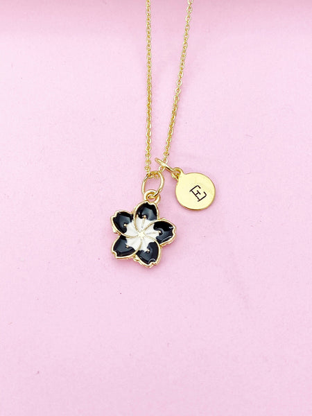 Gold Black Sakura Cherry Blossom Flower Charm Necklace, N5683A