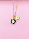 Gold Black Sakura Cherry Blossom Flower Charm Necklace, N5683A