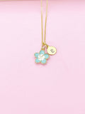 Gold Blue Sakura Cherry Blossom Flower Charm Necklace, N5683B