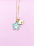 Gold Blue Sakura Cherry Blossom Flower Charm Necklace, N5683B
