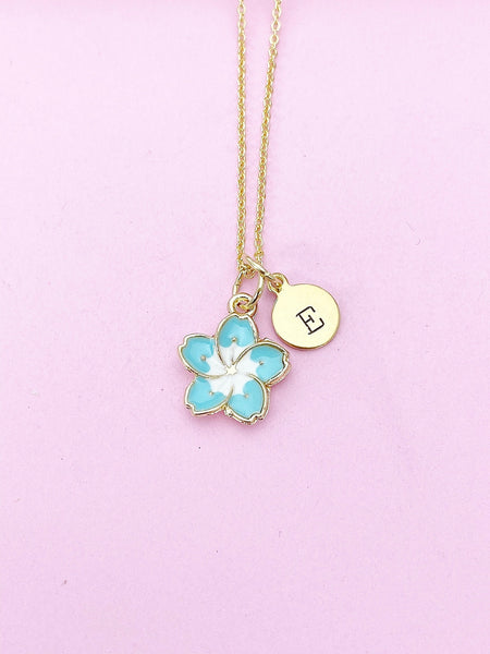 Gold Blue Sakura Cherry Blossom Flower Charm Necklace, N5683B
