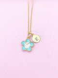 Gold Blue Sakura Cherry Blossom Flower Charm Necklace, N5683B