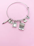 IT Teacher Charm Bracelet, Computer, Apple, Book, Pencil, Initial, Stainless Steel