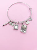 IT Teacher Charm Bracelet, Computer, Apple, Book, Pencil, Initial, Stainless Steel