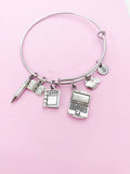 IT Teacher Charm Bracelet, Computer, Apple, Book, Pencil, Initial, Stainless Steel