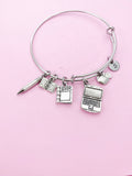 IT Teacher Charm Bracelet, Computer, Apple, Book, Pencil, Initial, Stainless Steel