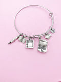 IT Teacher Charm Bracelet, Computer, Apple, Book, Pencil, Initial, Stainless Steel