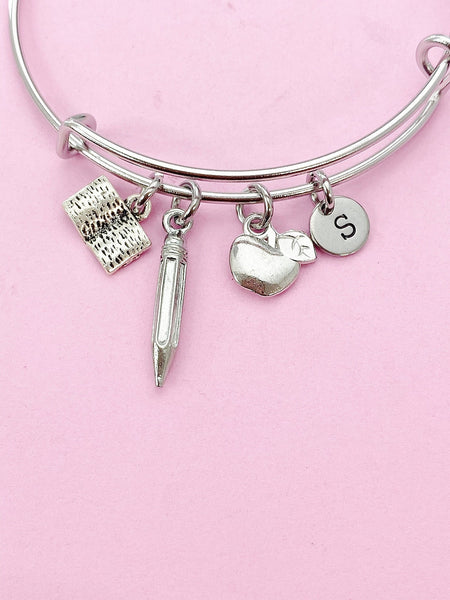 Teacher Bracelet, Apple Open Book Pencil Charm, Teacher Gift, N5635